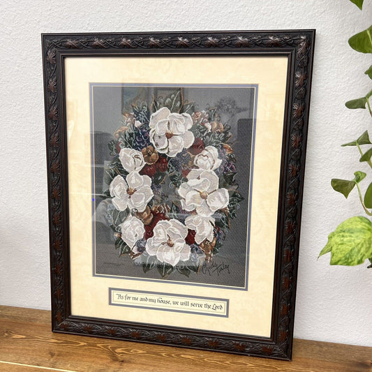 Vintage Glynda Turley Needlepoint Art, "Magnolia Wreath"