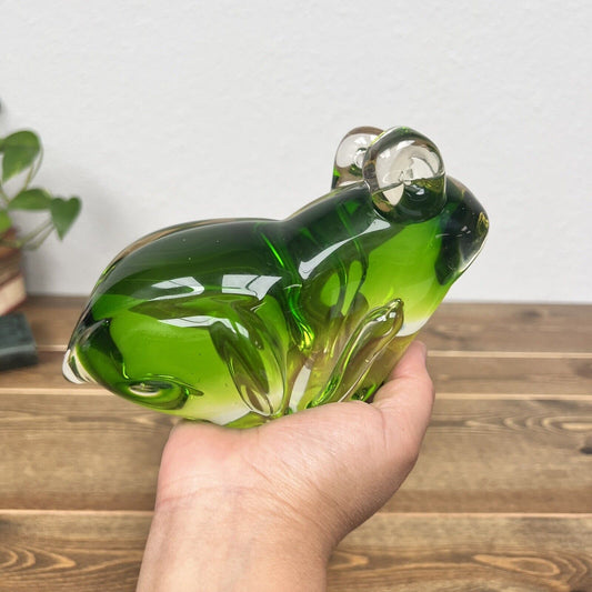 Blown Glass Frog Large Heavy Paperweight Figurine Big Eyes Green 7”