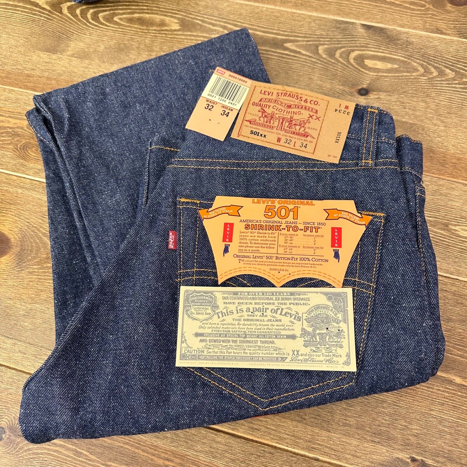 Levi's 501xx Vintage New Deadstock 1997 Raw Shrink-To-Fit Jeans 32x34 USA Made