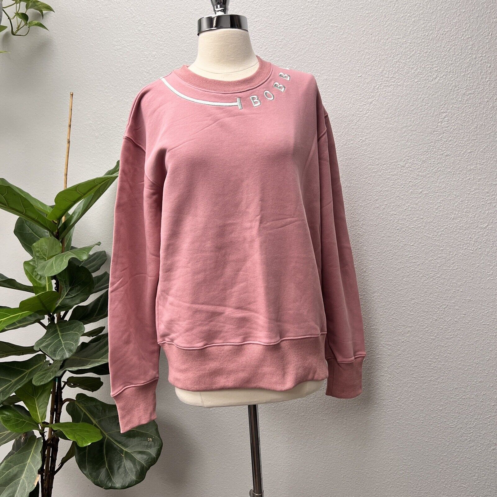 NWT BOBBLEHAUS Signature Cotton Crew Neck Sweatshirt Sweater Stitch Pink Sz L