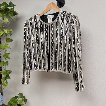 Adrianna Papell Womens Vintage Evening Sequin Beaded Jacket Silver Black PL