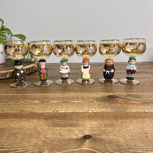 Set of 6 VTG Goebel Hummel Figurine Cordial Wine Glasses With Gold Gilding 5.5”T