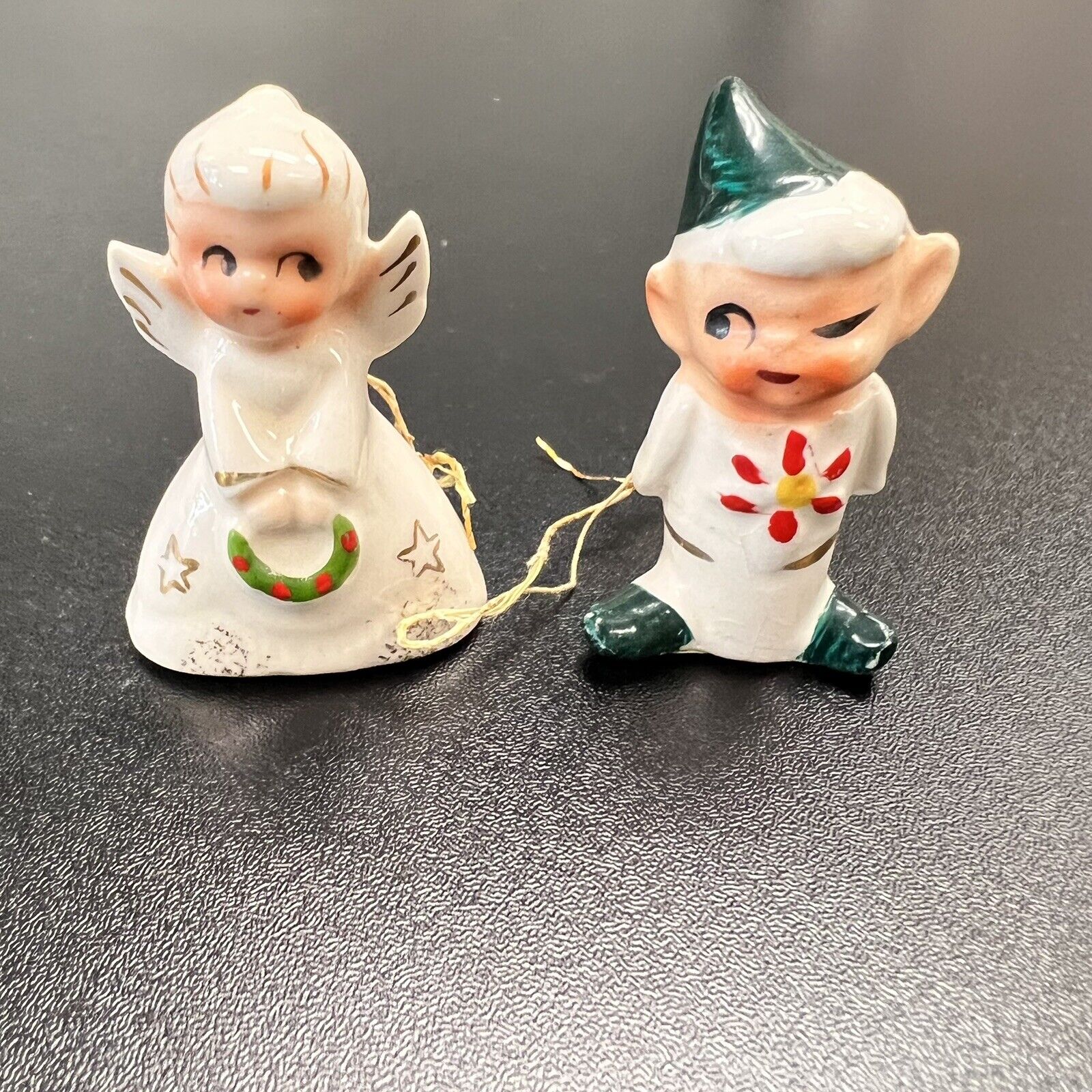 Holt Howard Porcelain Mini Winking Pixie Elf & Angel Stars Ornaments Set Of 2