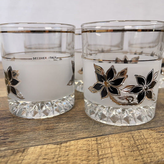 6 Vintage Decover Italy Black Floral Flower Frosted Low Ball Drink Glasses