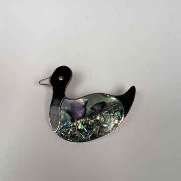 Old Vintage ALPACA MEXICO Duck Decoy Brooch Abalone Black Enamel&Shell Silver