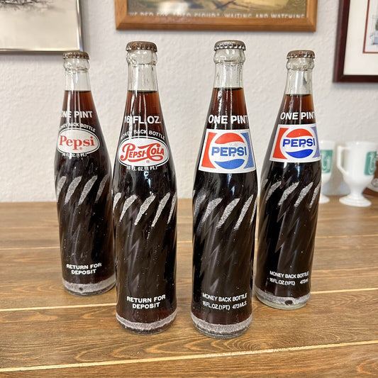 4 Vintage 1970’s & 1980’s Pepsi Cola Full Pint 16oz Glass Swirl Bottles Unopened