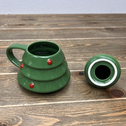 Christmas Tree Coffee Mug with “lid” by Hallmark Vintage 6 inch tall in Green