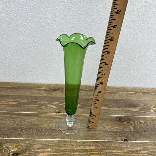 Green Ruffled Edge Etched Glass Vase With Clear Base