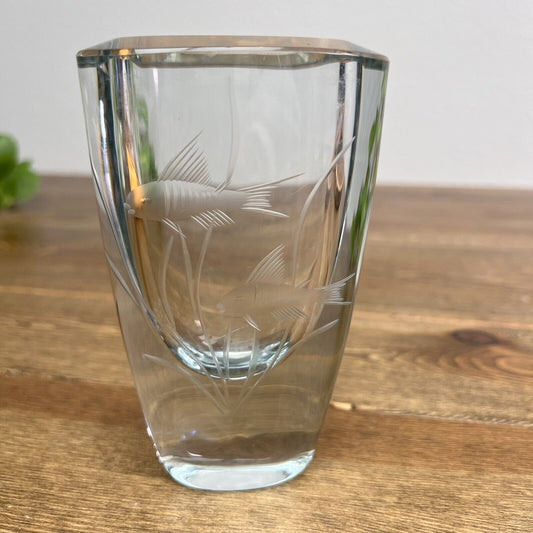 Strombergshyttan Sweden Crystal Vase Etched Fish Swimming in Seaweed Stromberg