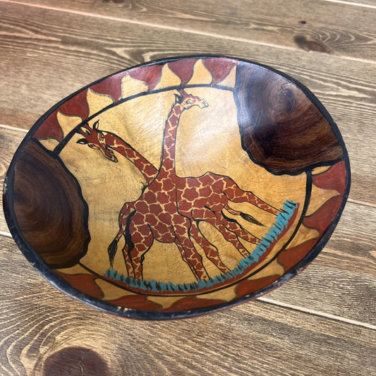 African Wood  Serving Bowl Hand Carved Painted Art w Giraffes