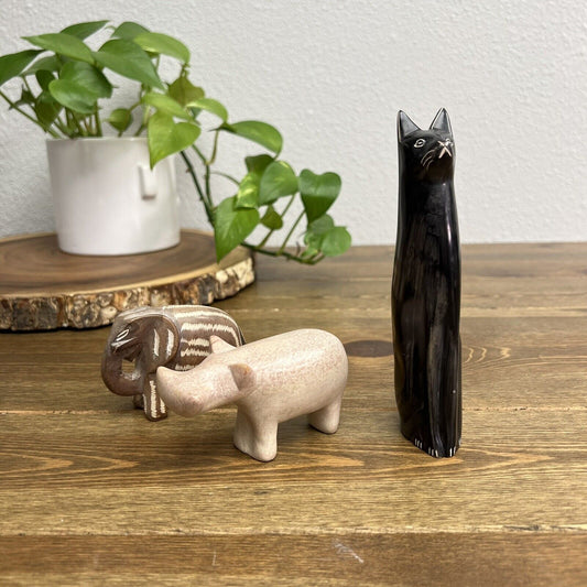 Hand Carved Soapstone Rino, Cat, Elephant, Figurine Lot