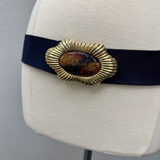 Vintage Stretch Belt Blue Enamel Buckle Gold Tone Swirl Abstract Art Nan Lewis