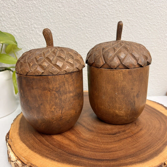 Crate And Barrel Wood Acorn Jar, Container, Fall, Decor Set Of 2