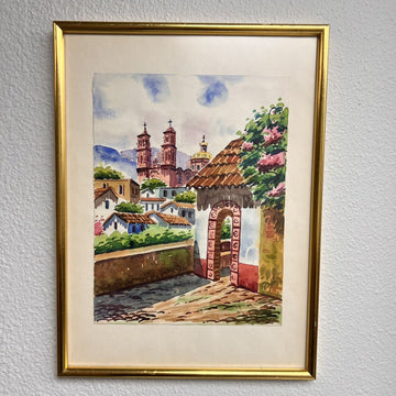 Watercolor Painting ''Santa Prisca Church Taxco, Mexico Signed