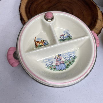 Vintage Little Bo Peep Cat Dog Hot Water Divided Baby Warming Feeding Dish