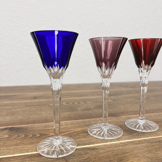 Ajka Hungary Castille Cut to Clear Multi Colored Cordial Glasses Set of 3