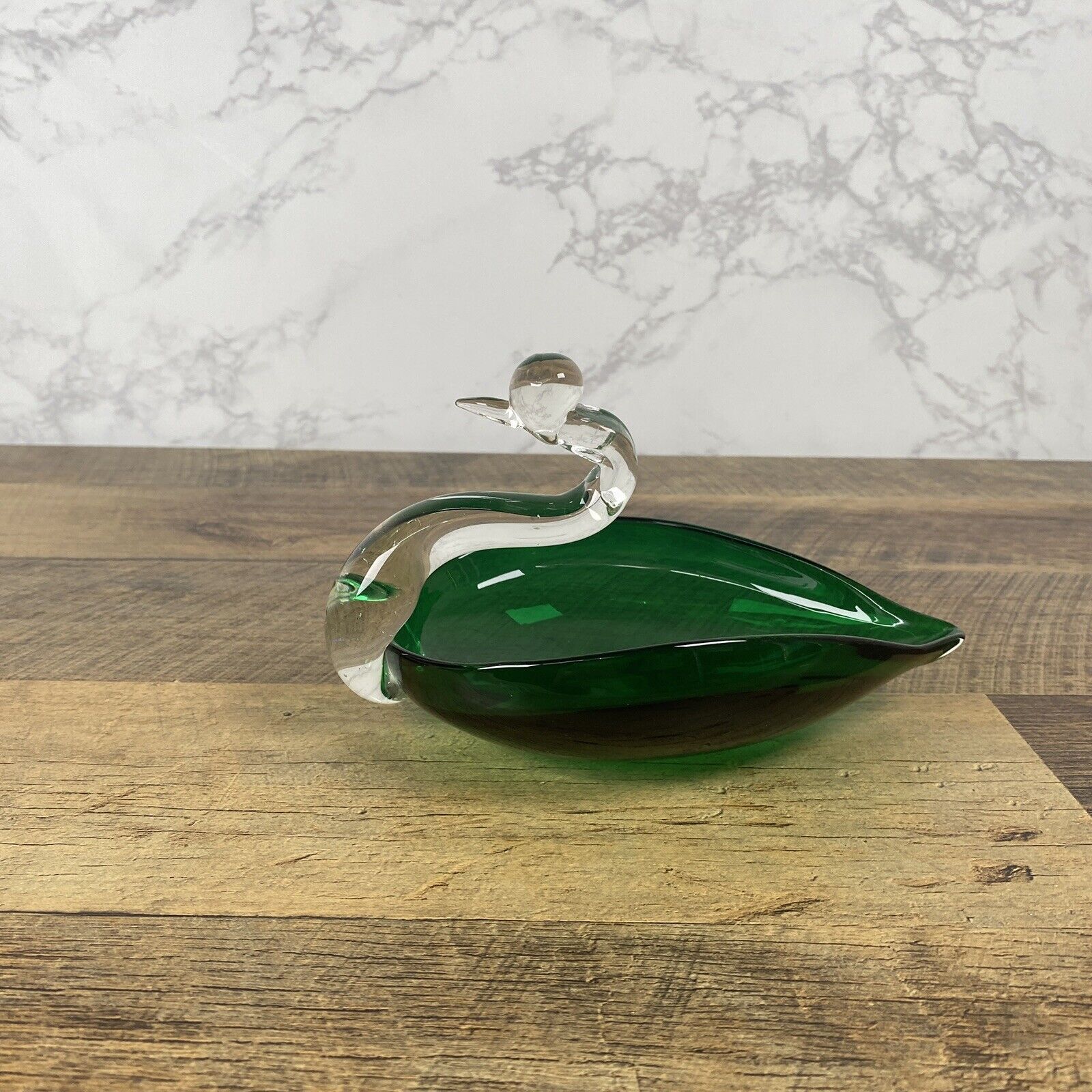 Art Glass Swan Green Clear Trinket Dish Candy Nut Decorative