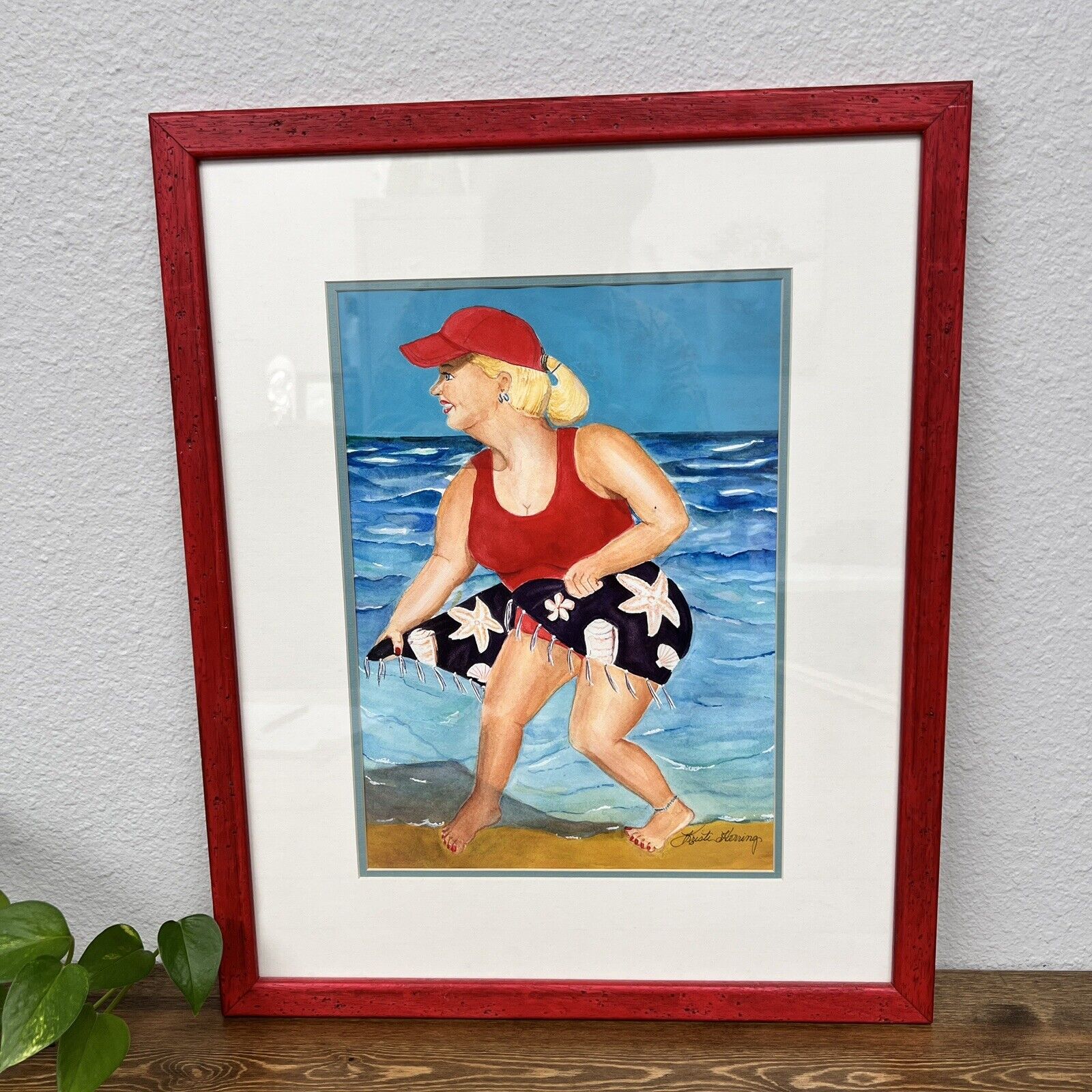 Vintage Lady Red Hat on the Beach w/ Rustic Wood Frame Signed Beach Home Decor