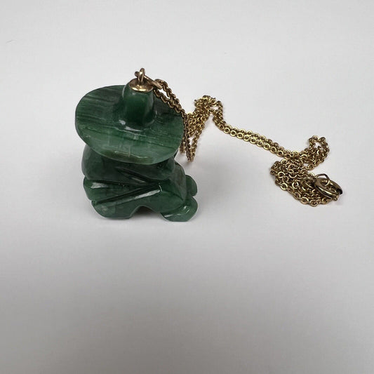 Rare Carved Green Jade Man Siesta Mexico Pendant & 14K GF Chain Vintage