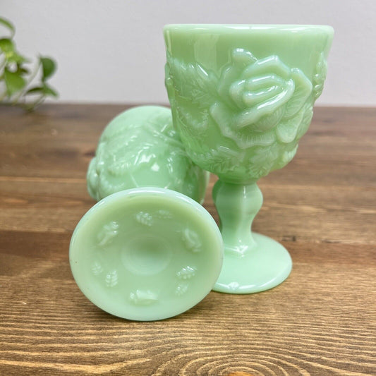 Vintage Mosser Jadeite "Madonna Rose" Pattern Madonna Inn Goblet Set Of 2 VTG