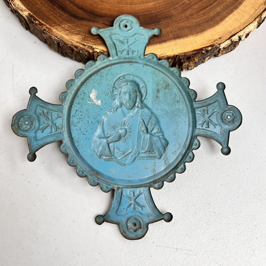 Old beautiful Christian cross stamped sheet metal Sacred Heart Montmartre