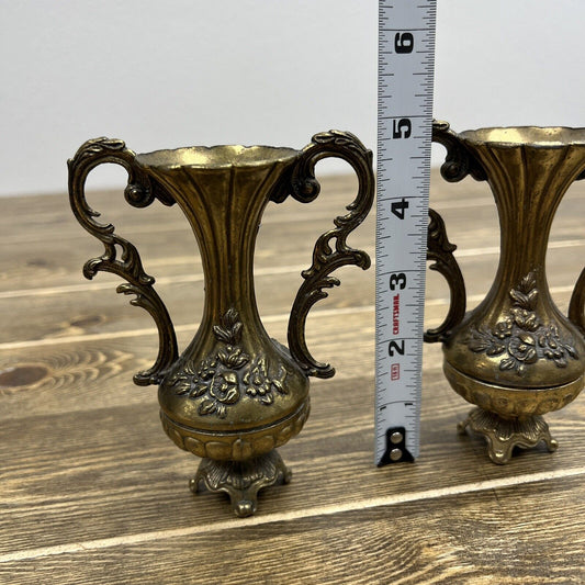 2- Vintage Brass Ornate Footed Bud Vases Floral Pattern Made In Italy