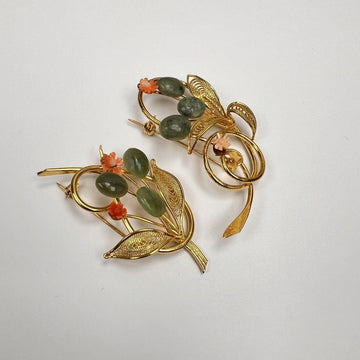 Vintage Costume Jewelry Jade & Gold Brooch 1960’s – 70’s NO Marks Set Of 2