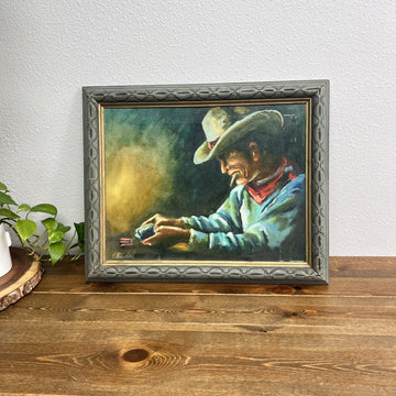 Cowboy Playing Cards Smoking Portrait Painting by Claudel Palmer Vtg Art 21x17"