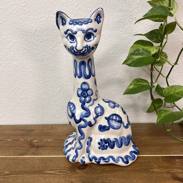 M.A. Hadley Stoneware Pottery 14-1/2” Blue And White Cat Vase