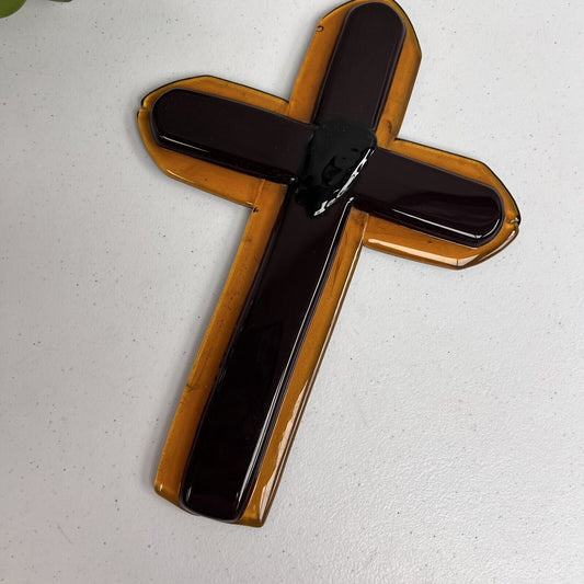 Art Glass Cross of Jesus Christ Christian Home Decor in Translucent Amber & Red