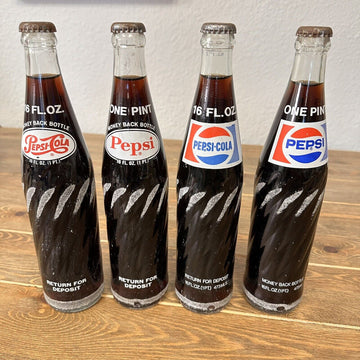 4 Vintage 1970’s & 1980’s Pepsi Cola Full Pint 16oz Glass Swirl Bottles Unopened