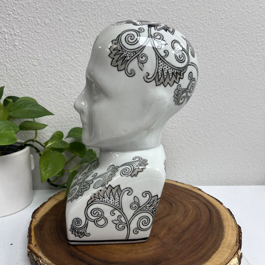 Vintage Head Bust Ceramic Bust Black Abstract Design on White Ceramic Head