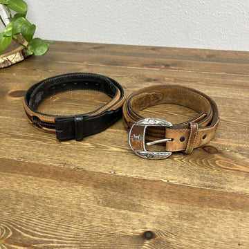 Justin Men's Aged Bark Fenced in Belt Set Of 2 Brown & Black Barbed Wire Sz 34