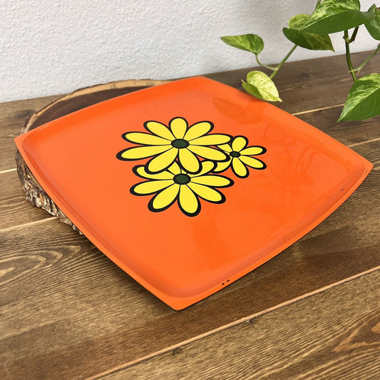 Orange Tray  With Yellow Daisy Flower Power 12”  BOHO 60s Retro