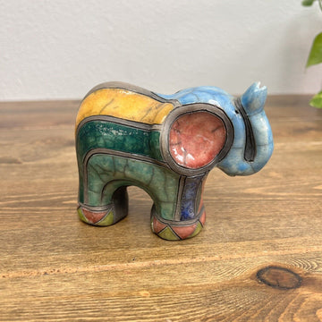 South African Raku Pottery Ceramic Elephant Blue Multi Color Handmade Signed