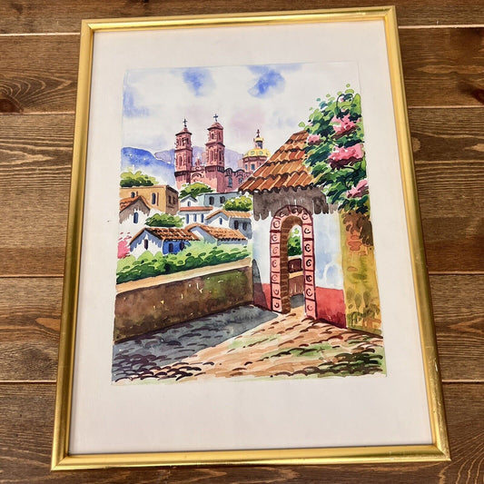 Watercolor Painting ''Santa Prisca Church Taxco, Mexico Signed