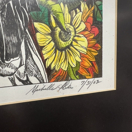 Summer Sunflower Print Framed Flower Farmer Pen Stroke Artwork 19” x 23”