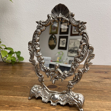 Vintage Estate Heritage Silver Plated Dresser Vanity Swing Mirror Cherubs 12.5"