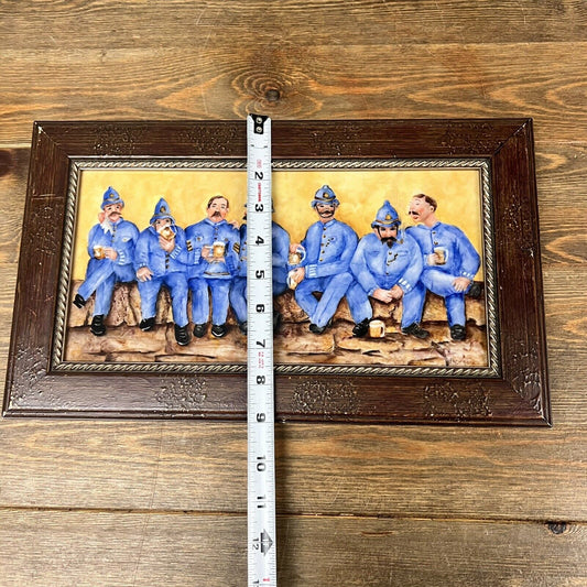 Vintage British Policemen Painting on Heavy Tile Signed Hawrence in Wood Frame