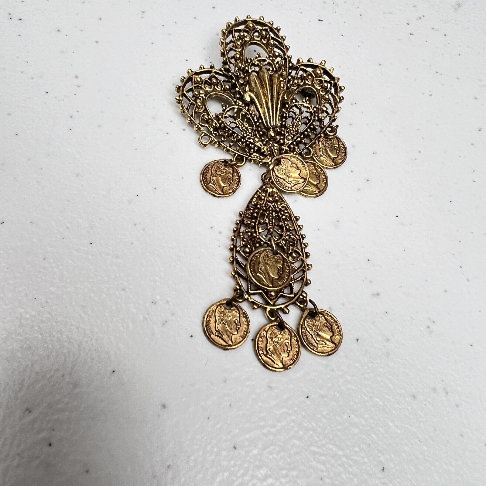 1950s Pin Etruscan Revival, Fleur de Lis style large brooch marked “ART”