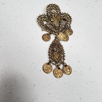 1950s Pin Etruscan Revival, Fleur de Lis style large brooch marked “ART”