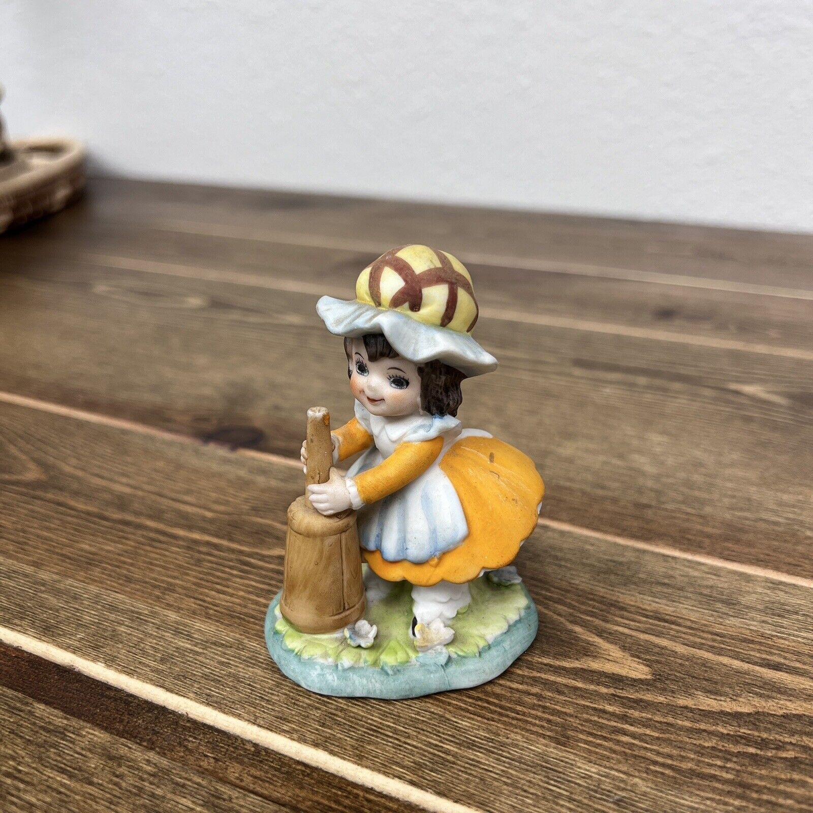 Ceramic Figurine Little Girl Churning Milk Churn Country Making Butter Vintage