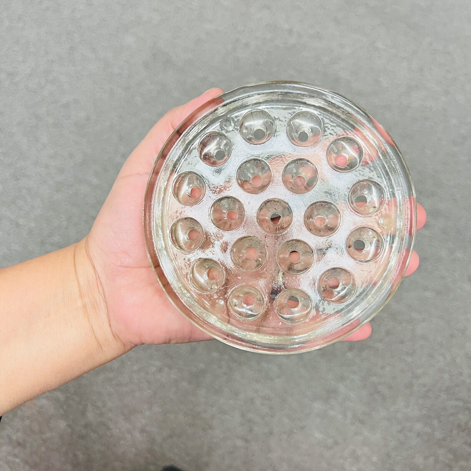 Vintage Large Clear Glass Flower Frog 5”   19 Holes