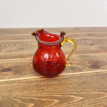 Vintage Hand Blown Rainbow Glass Red Crackle Art Glass Pitcher  Amber Handle