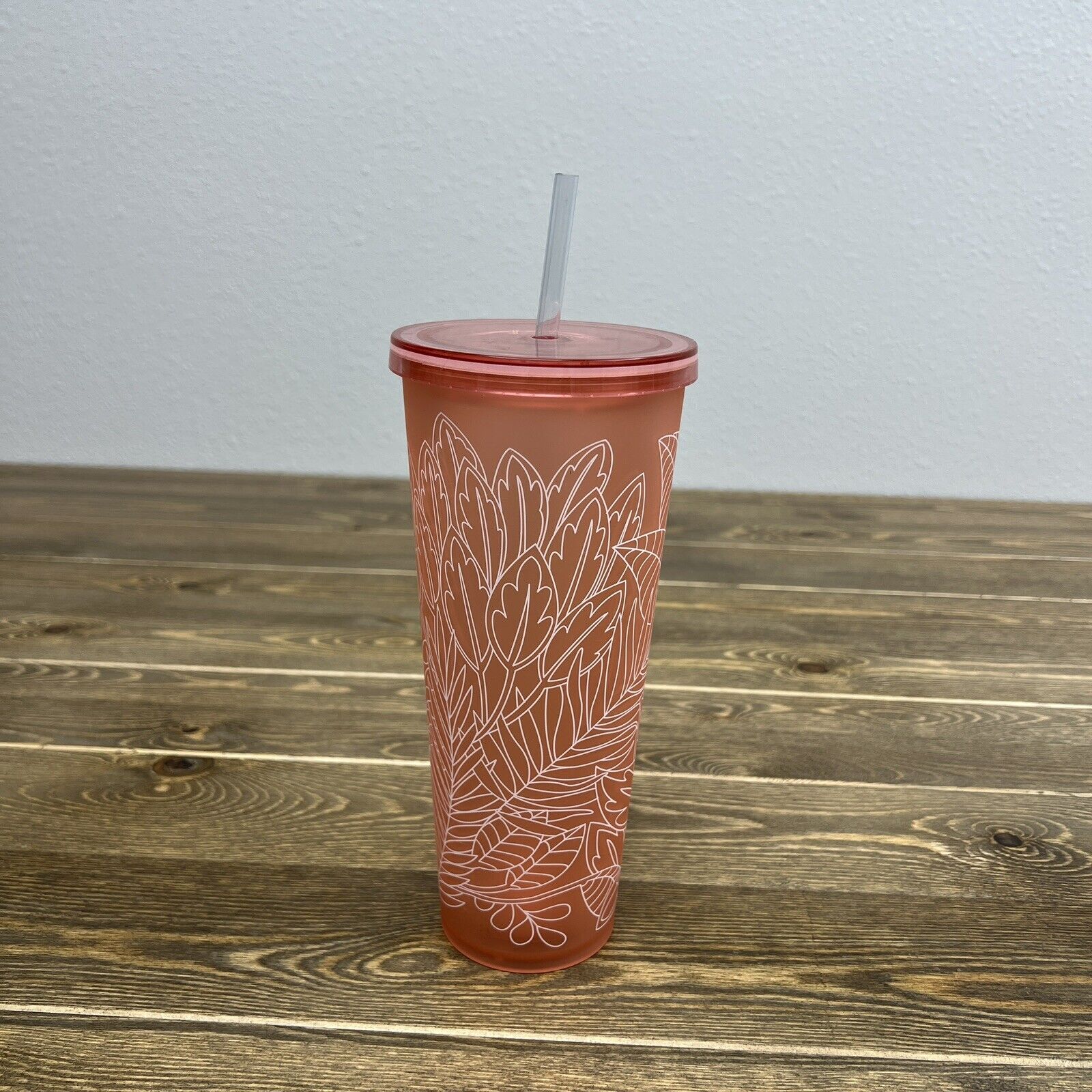 Starbucks Cold Tumbler Summer Venti 24oz Matte Coral Rainforest leaves