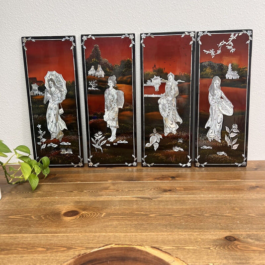 Mother of Pearl Black Lacquer Art Plaque Panels Asian Set Of 4Pcs  Vintage