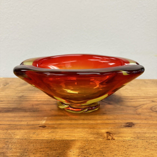 Murano Art Glass Heavy Cigar Ashtray Sommerso Italian Red & Orange Blend 9" Long