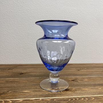 Blue Etched Glass Pedestal Vase 10 inch Tall ~ Beautiful floral