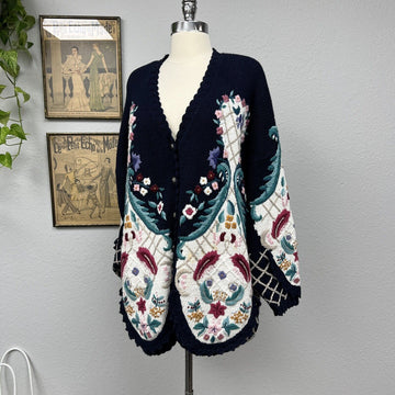 Vintage Jennifer Reed Too Thick Handknit Floral Ramie Cotton Button Cardigan 3X