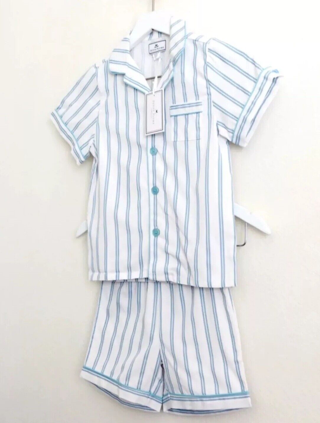 Petite Plume Twill Pajama Short Set Periwinkle Stripe Blue White SZ 12